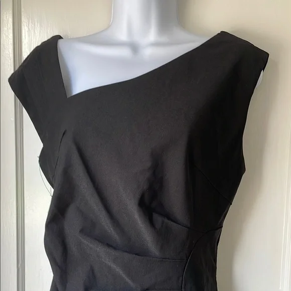 Elegant Curve Hugging Black Midi Dress Ruched Side with Asymmetrical Neckline - Picture 2 of 4
